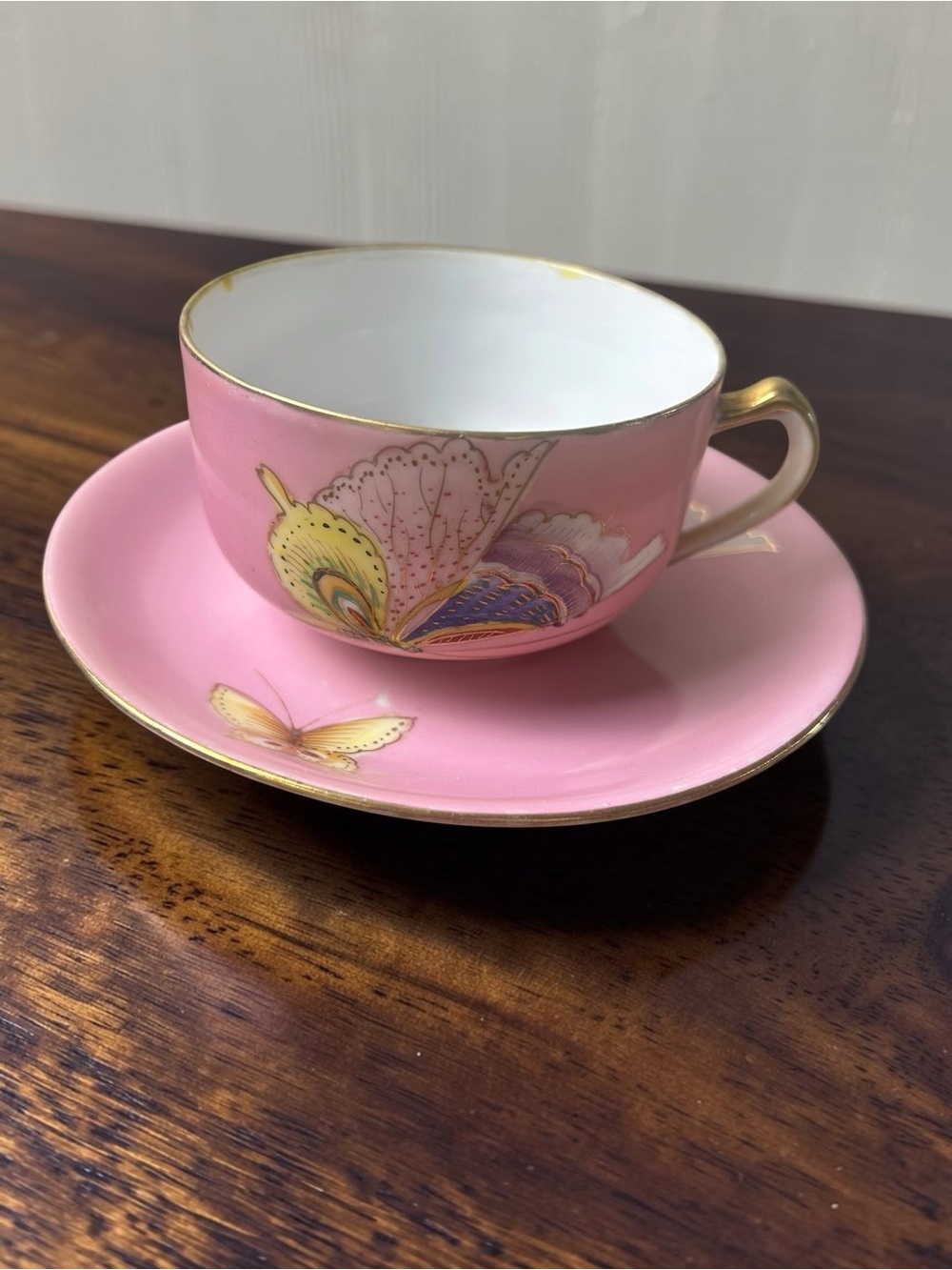 Antique Hand Painted Nippon Pink Butterfly Teacup & Saucer Gold Trim
